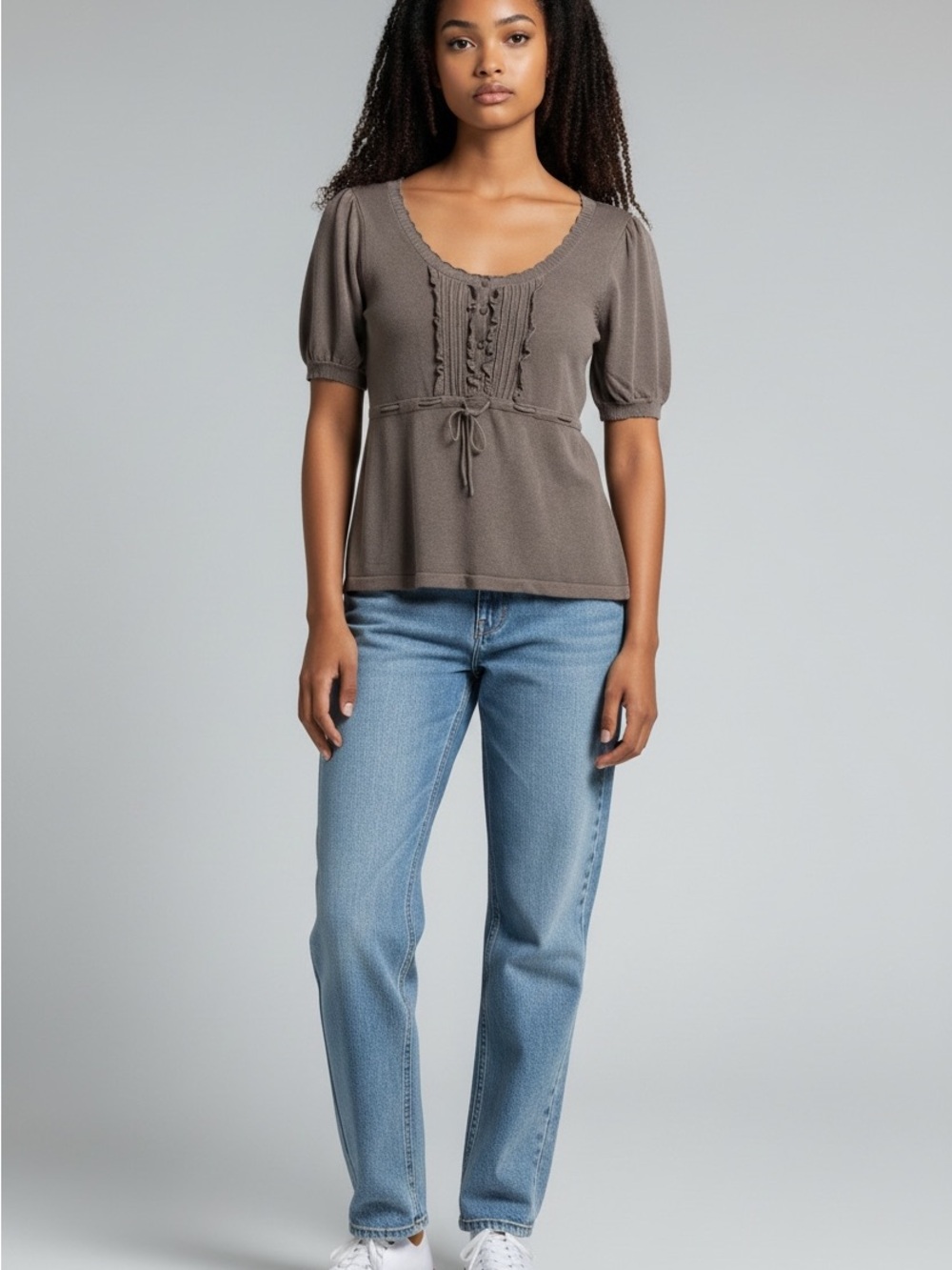 Twik Women's Short Sleeve Ruffled Knit Top in Taupe size medium